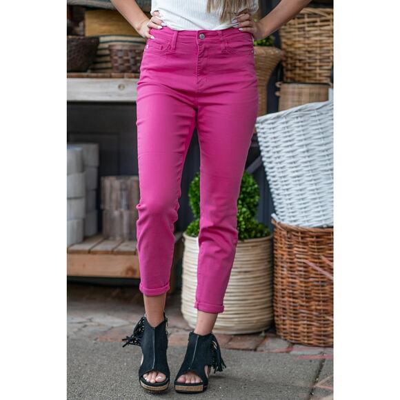 Judy Blue Denim - NWT JUDY BLUE Fuschia Neon Pink Daphne High Rise Slim Ankle Jeans Women's 15/32